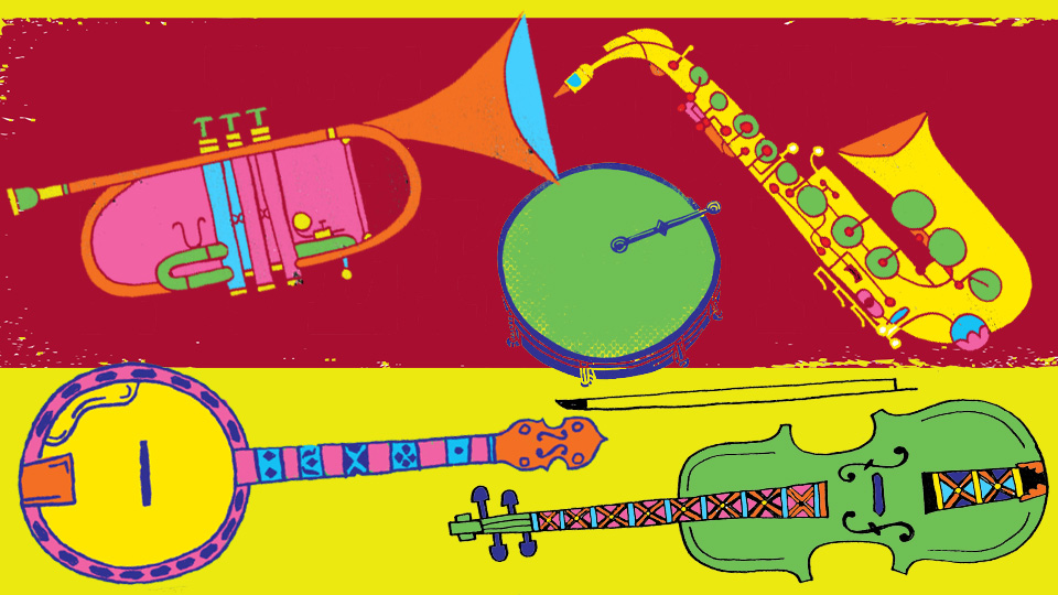 colourful drawings of instruments - trumptet, saxophone, banjo, drums, fiddle